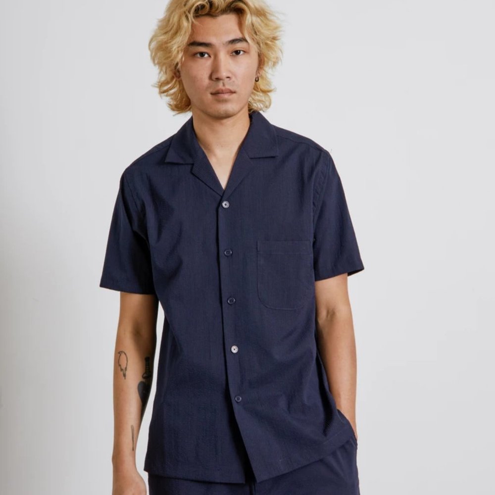 Navy Indigo Seersucker Camp Shirt by Smock